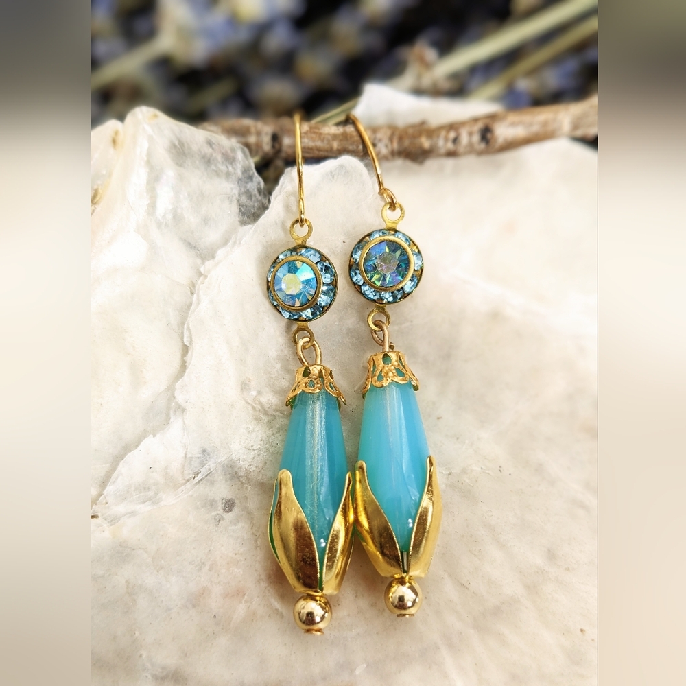 Victorian  Sky Blue Flower Swarovski Crystal & Glass In Gold Plated Earrings